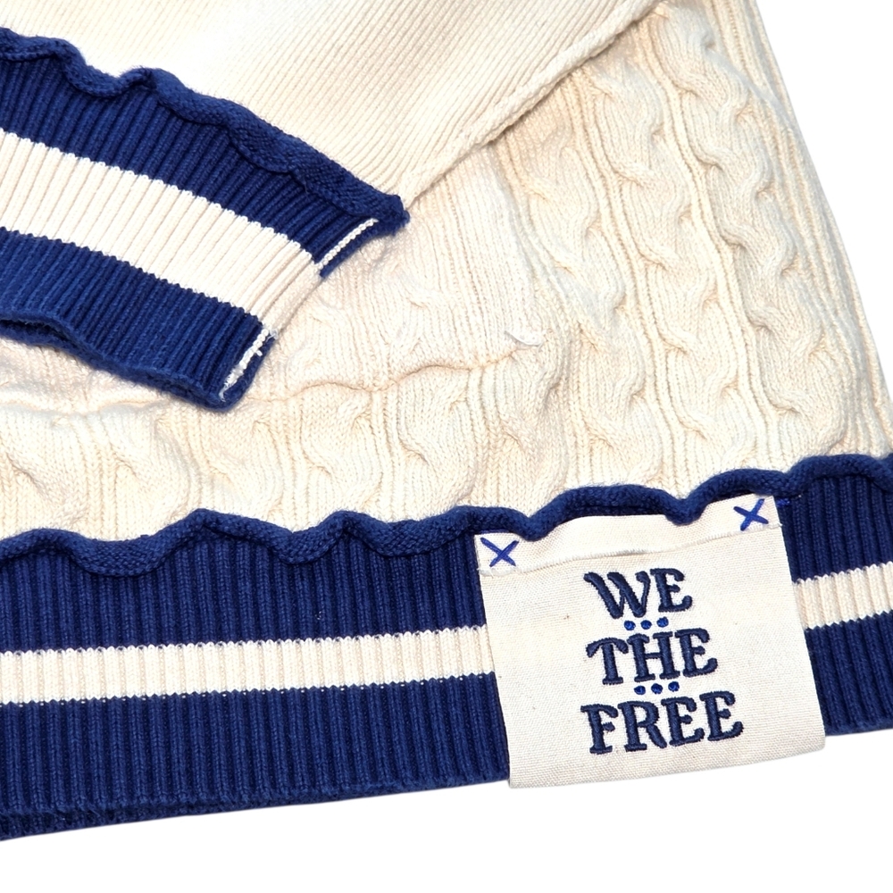 We The Free Varsity Cardigan Ecru Blue Cable Knit Oversized Collegiate S NWOT - Picture 6 of 15